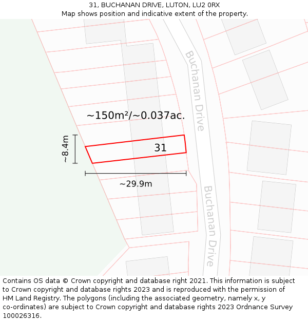 31, BUCHANAN DRIVE, LUTON, LU2 0RX: Plot and title map