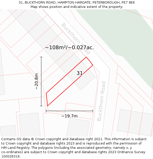 31, BUCKTHORN ROAD, HAMPTON HARGATE, PETERBOROUGH, PE7 8EE: Plot and title map
