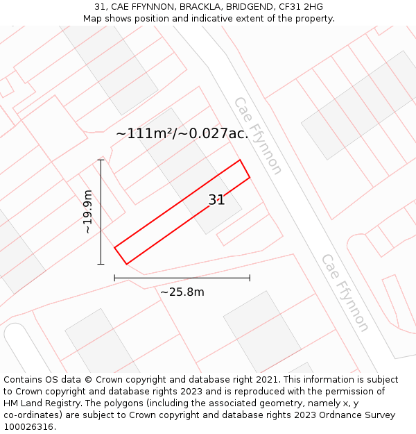 31, CAE FFYNNON, BRACKLA, BRIDGEND, CF31 2HG: Plot and title map