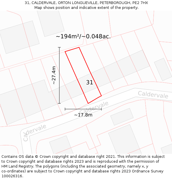 31, CALDERVALE, ORTON LONGUEVILLE, PETERBOROUGH, PE2 7HX: Plot and title map