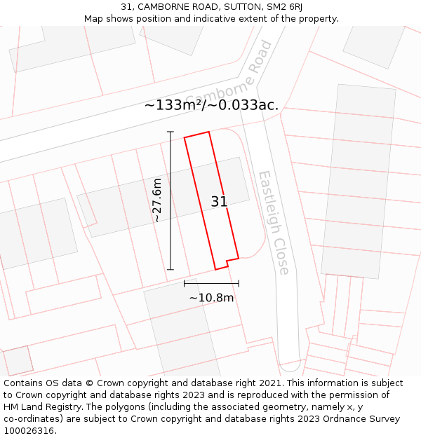 31, CAMBORNE ROAD, SUTTON, SM2 6RJ: Plot and title map