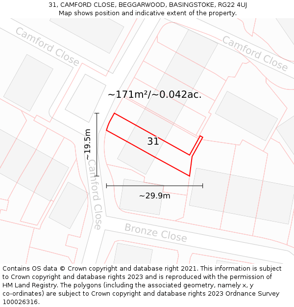 31, CAMFORD CLOSE, BEGGARWOOD, BASINGSTOKE, RG22 4UJ: Plot and title map