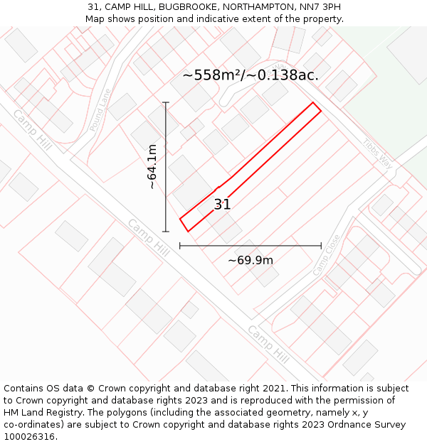 31, CAMP HILL, BUGBROOKE, NORTHAMPTON, NN7 3PH: Plot and title map