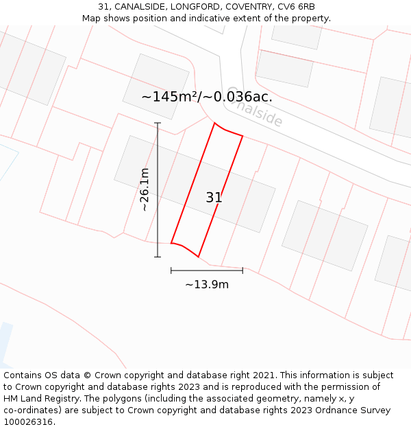 31, CANALSIDE, LONGFORD, COVENTRY, CV6 6RB: Plot and title map