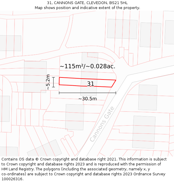 31, CANNONS GATE, CLEVEDON, BS21 5HL: Plot and title map