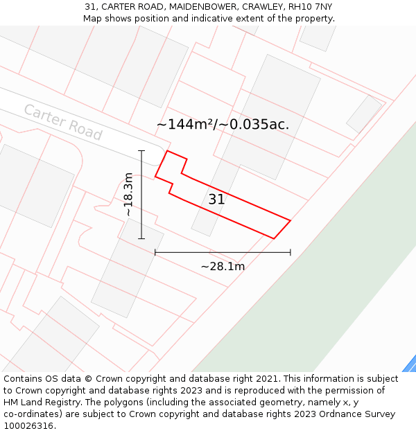 31, CARTER ROAD, MAIDENBOWER, CRAWLEY, RH10 7NY: Plot and title map
