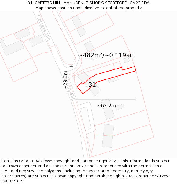 31, CARTERS HILL, MANUDEN, BISHOP'S STORTFORD, CM23 1DA: Plot and title map