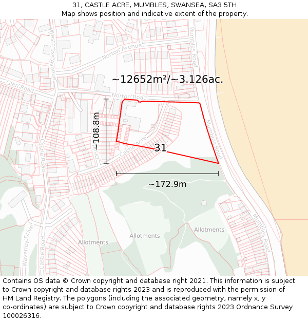 31, CASTLE ACRE, MUMBLES, SWANSEA, SA3 5TH: Plot and title map