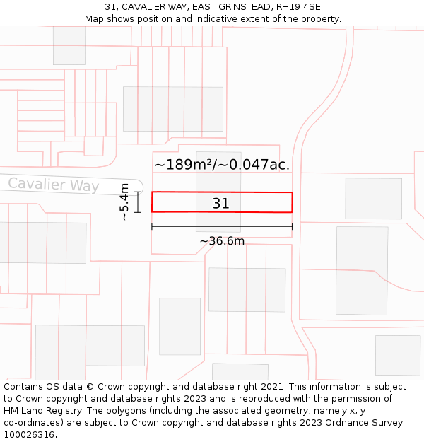 31, CAVALIER WAY, EAST GRINSTEAD, RH19 4SE: Plot and title map