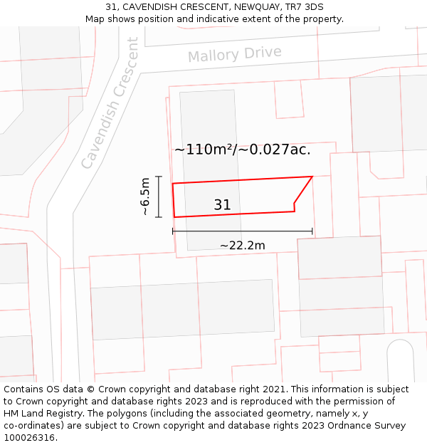 31, CAVENDISH CRESCENT, NEWQUAY, TR7 3DS: Plot and title map