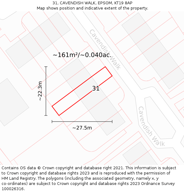 31, CAVENDISH WALK, EPSOM, KT19 8AP: Plot and title map