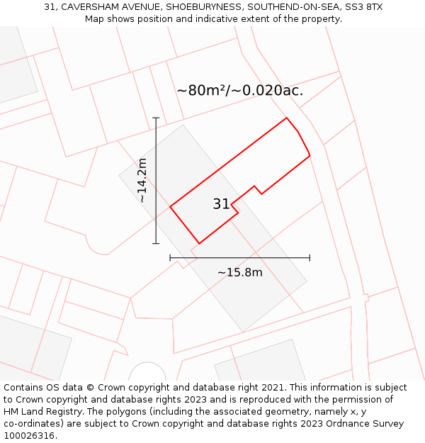 31, CAVERSHAM AVENUE, SHOEBURYNESS, SOUTHEND-ON-SEA, SS3 8TX: Plot and title map