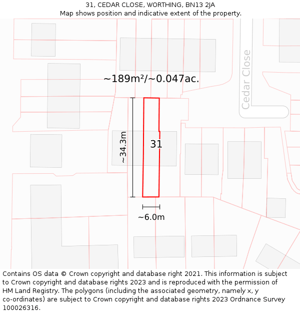 31, CEDAR CLOSE, WORTHING, BN13 2JA: Plot and title map