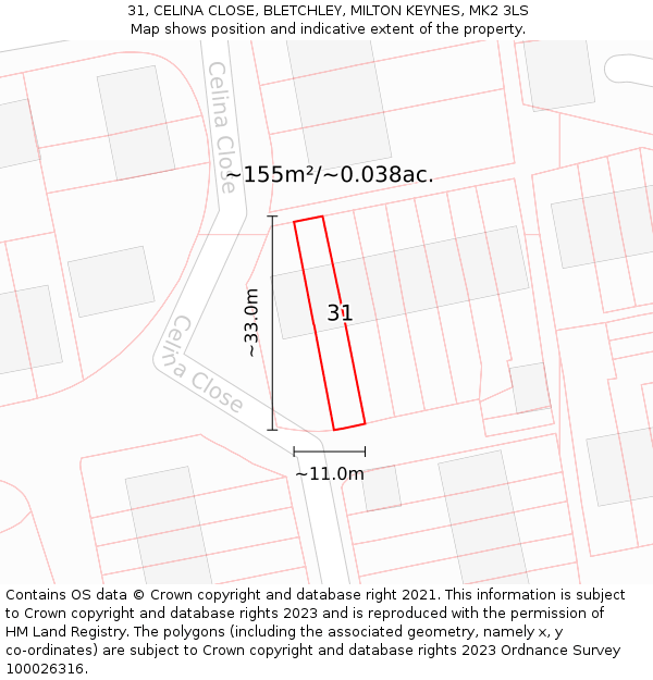 31, CELINA CLOSE, BLETCHLEY, MILTON KEYNES, MK2 3LS: Plot and title map