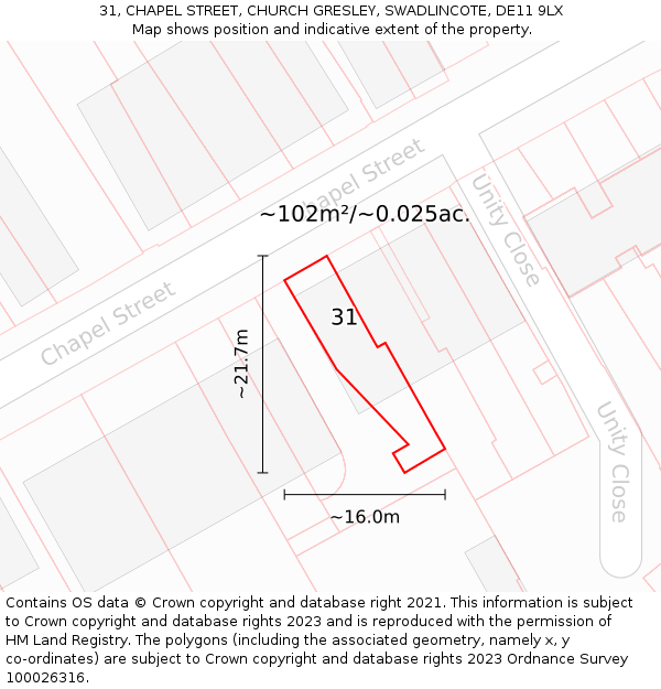 31, CHAPEL STREET, CHURCH GRESLEY, SWADLINCOTE, DE11 9LX: Plot and title map