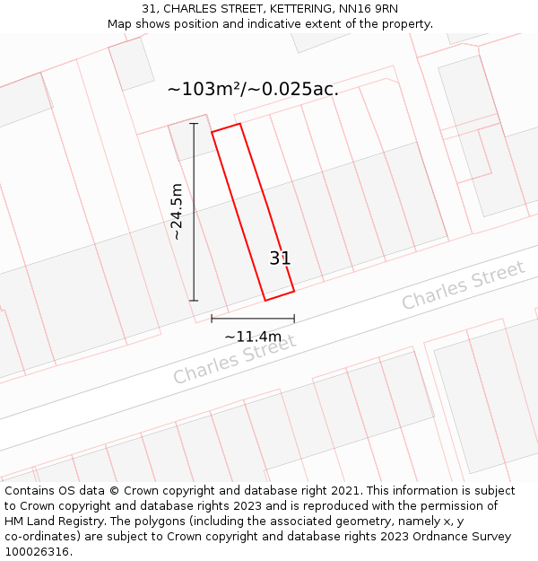 31, CHARLES STREET, KETTERING, NN16 9RN: Plot and title map