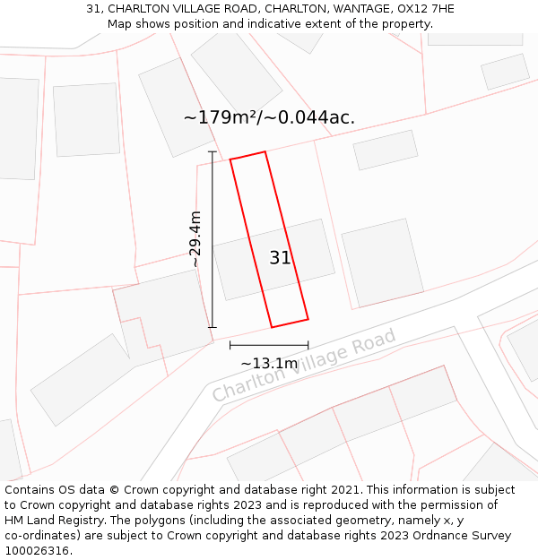 31, CHARLTON VILLAGE ROAD, CHARLTON, WANTAGE, OX12 7HE: Plot and title map