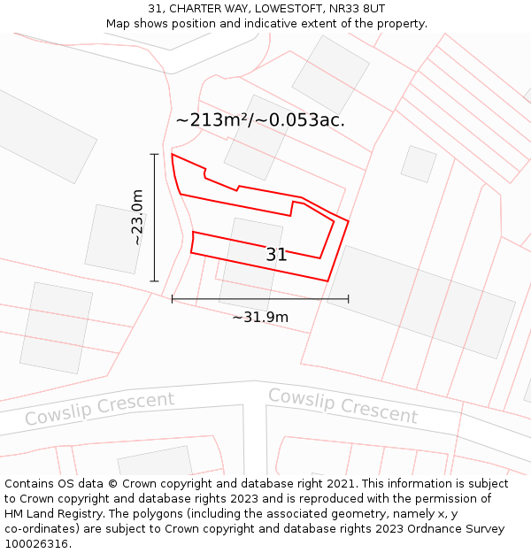 31, CHARTER WAY, LOWESTOFT, NR33 8UT: Plot and title map