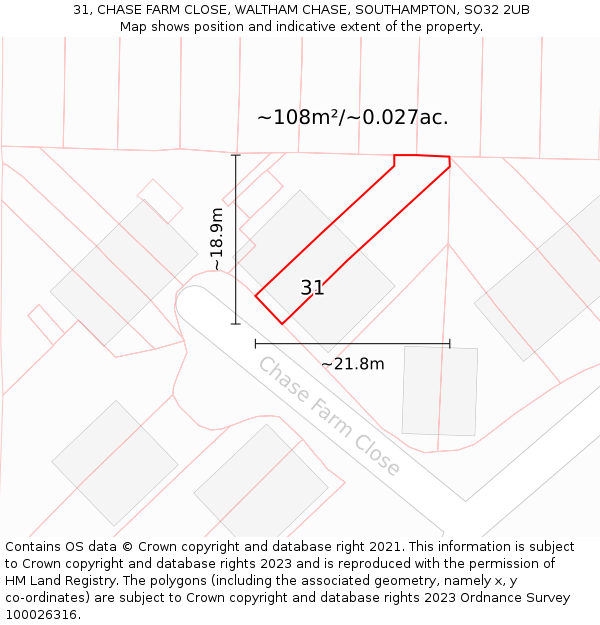31, CHASE FARM CLOSE, WALTHAM CHASE, SOUTHAMPTON, SO32 2UB: Plot and title map