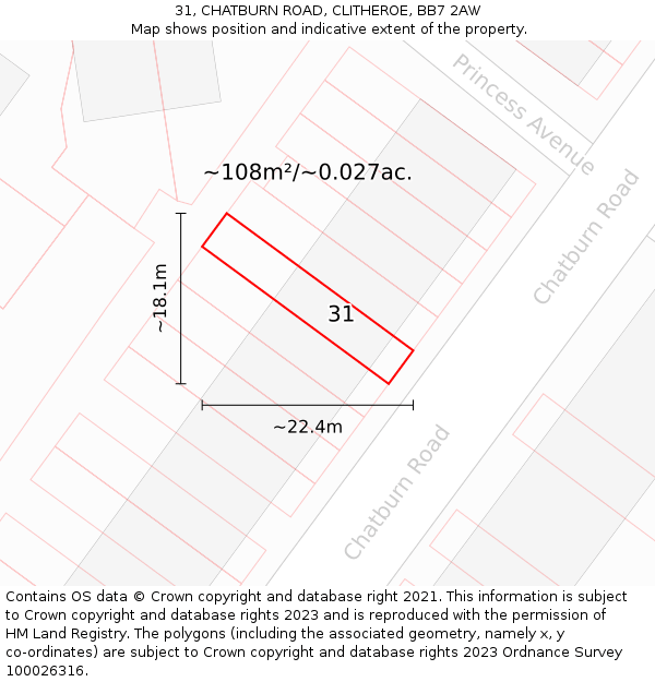 31, CHATBURN ROAD, CLITHEROE, BB7 2AW: Plot and title map