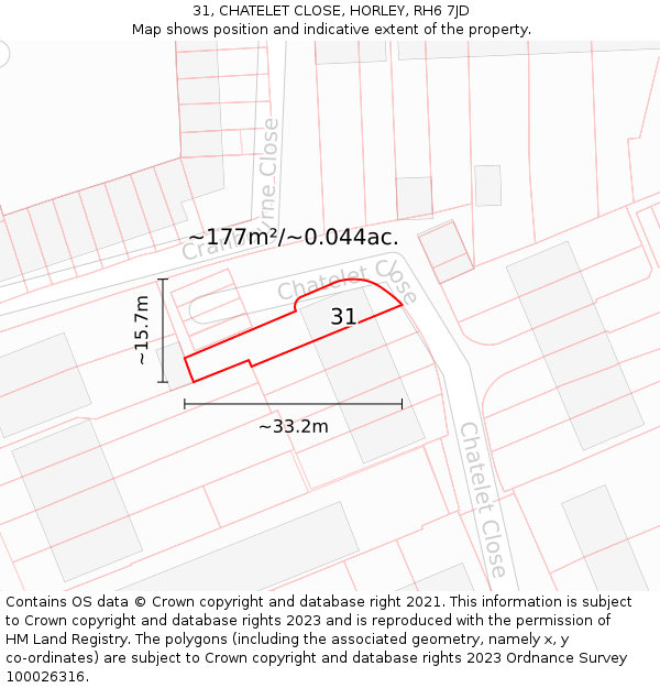 31, CHATELET CLOSE, HORLEY, RH6 7JD: Plot and title map