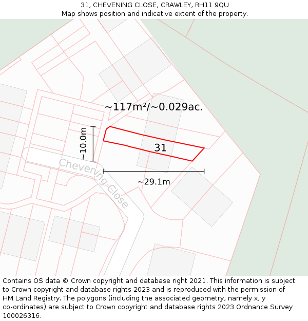 31, CHEVENING CLOSE, CRAWLEY, RH11 9QU: Plot and title map