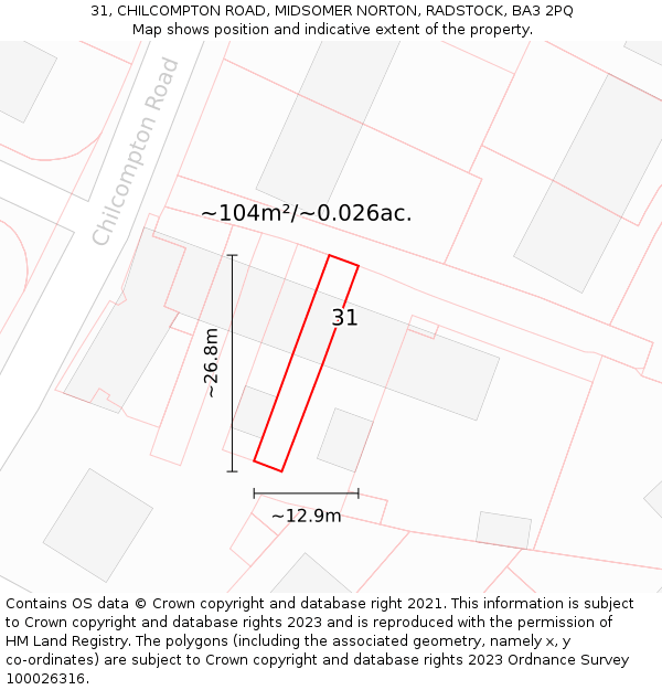 31, CHILCOMPTON ROAD, MIDSOMER NORTON, RADSTOCK, BA3 2PQ: Plot and title map
