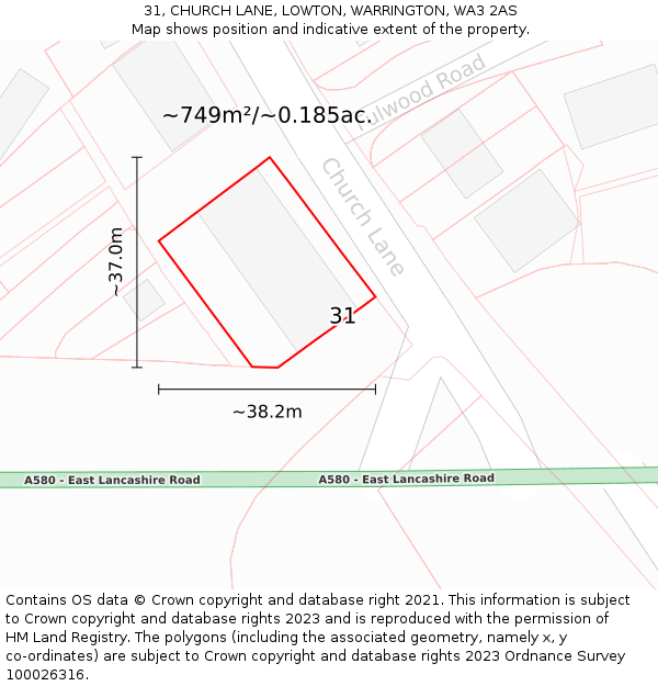 31, CHURCH LANE, LOWTON, WARRINGTON, WA3 2AS: Plot and title map
