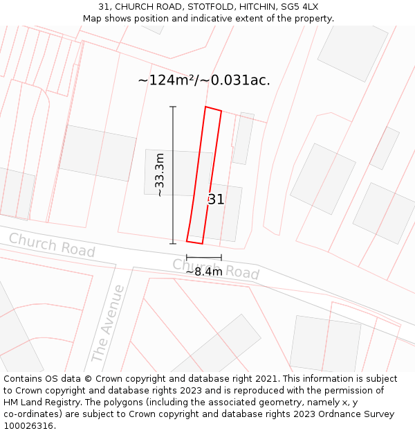 31, CHURCH ROAD, STOTFOLD, HITCHIN, SG5 4LX: Plot and title map
