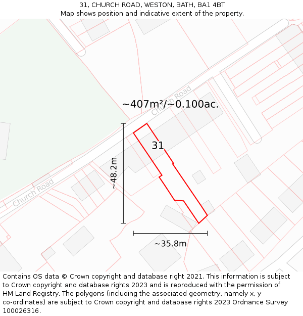 31, CHURCH ROAD, WESTON, BATH, BA1 4BT: Plot and title map