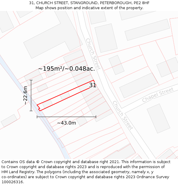 31, CHURCH STREET, STANGROUND, PETERBOROUGH, PE2 8HF: Plot and title map