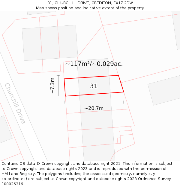 31, CHURCHILL DRIVE, CREDITON, EX17 2DW: Plot and title map