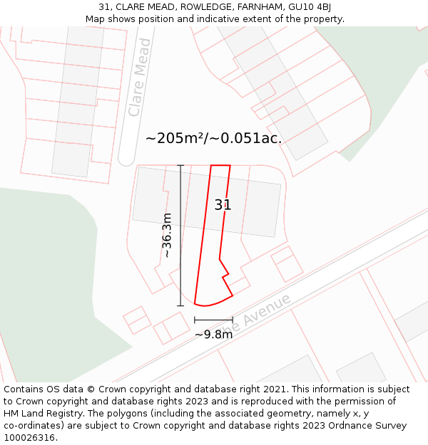 31, CLARE MEAD, ROWLEDGE, FARNHAM, GU10 4BJ: Plot and title map
