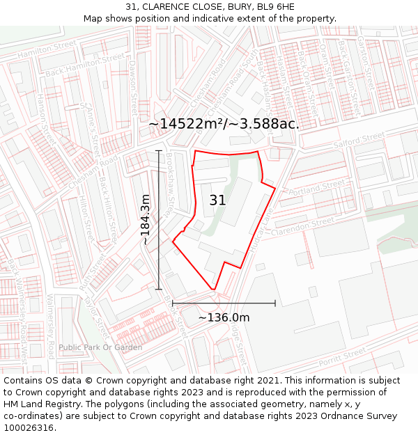 31, CLARENCE CLOSE, BURY, BL9 6HE: Plot and title map