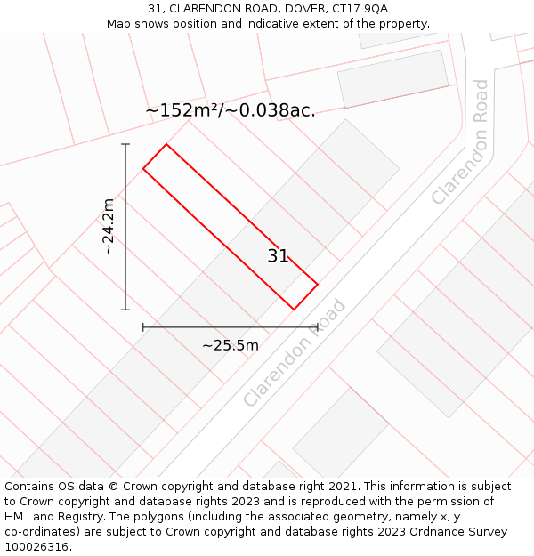 31, CLARENDON ROAD, DOVER, CT17 9QA: Plot and title map