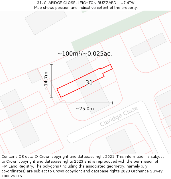 31, CLARIDGE CLOSE, LEIGHTON BUZZARD, LU7 4TW: Plot and title map