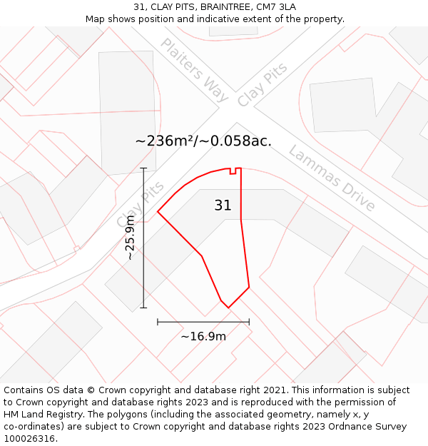31, CLAY PITS, BRAINTREE, CM7 3LA: Plot and title map