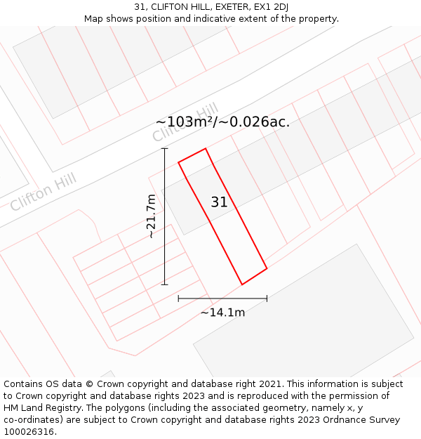31, CLIFTON HILL, EXETER, EX1 2DJ: Plot and title map