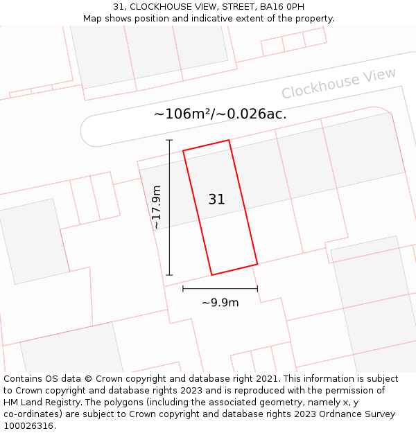 31, CLOCKHOUSE VIEW, STREET, BA16 0PH: Plot and title map