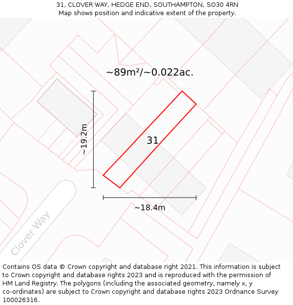 31, CLOVER WAY, HEDGE END, SOUTHAMPTON, SO30 4RN: Plot and title map