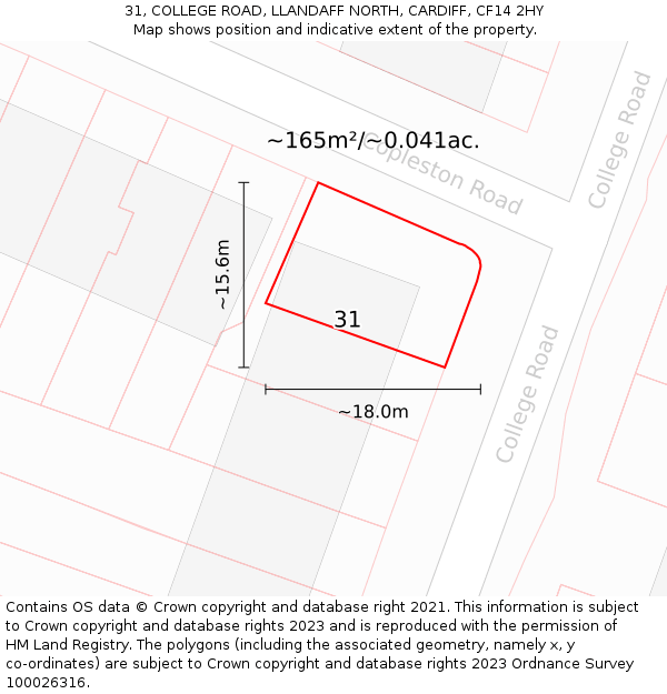 31, COLLEGE ROAD, LLANDAFF NORTH, CARDIFF, CF14 2HY: Plot and title map