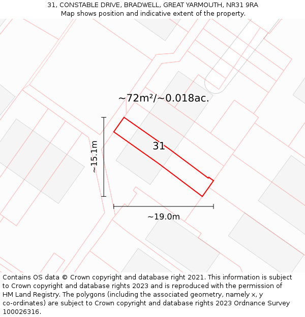 31, CONSTABLE DRIVE, BRADWELL, GREAT YARMOUTH, NR31 9RA: Plot and title map
