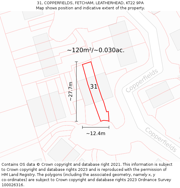 31, COPPERFIELDS, FETCHAM, LEATHERHEAD, KT22 9PA: Plot and title map