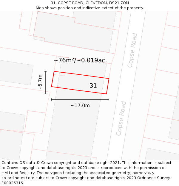 31, COPSE ROAD, CLEVEDON, BS21 7QN: Plot and title map
