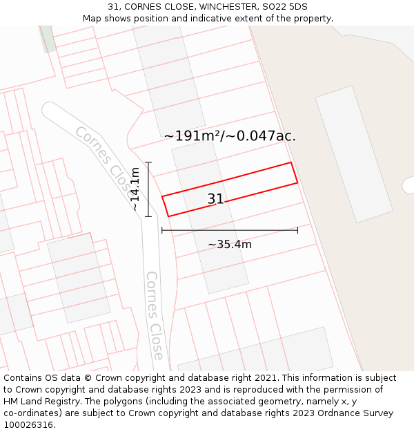 31, CORNES CLOSE, WINCHESTER, SO22 5DS: Plot and title map
