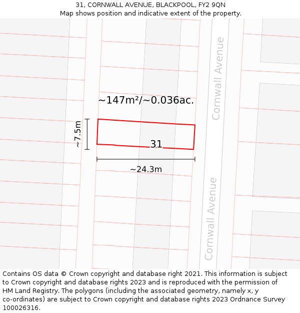 31, CORNWALL AVENUE, BLACKPOOL, FY2 9QN: Plot and title map