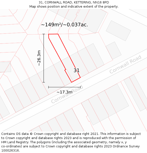 31, CORNWALL ROAD, KETTERING, NN16 8PD: Plot and title map