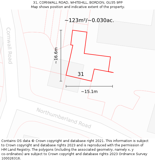 31, CORNWALL ROAD, WHITEHILL, BORDON, GU35 9PP: Plot and title map