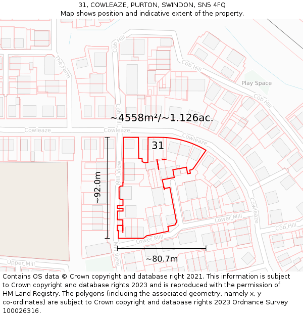 31, COWLEAZE, PURTON, SWINDON, SN5 4FQ: Plot and title map
