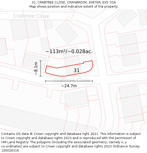 31, CRABTREE CLOSE, CRANBROOK, EXETER, EX5 7GA: Plot and title map